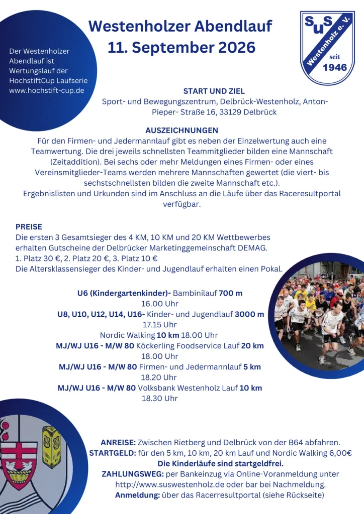Flyer Westenholzer Abendlauf 2026, Seite 1: Termine, Startzeiten, Preise und Anreise
