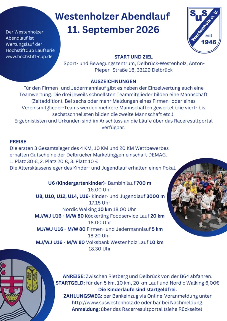 Flyer Westenholzer Abendlauf 2026, Seite 1: Termine, Startzeiten, Preise und Anreise