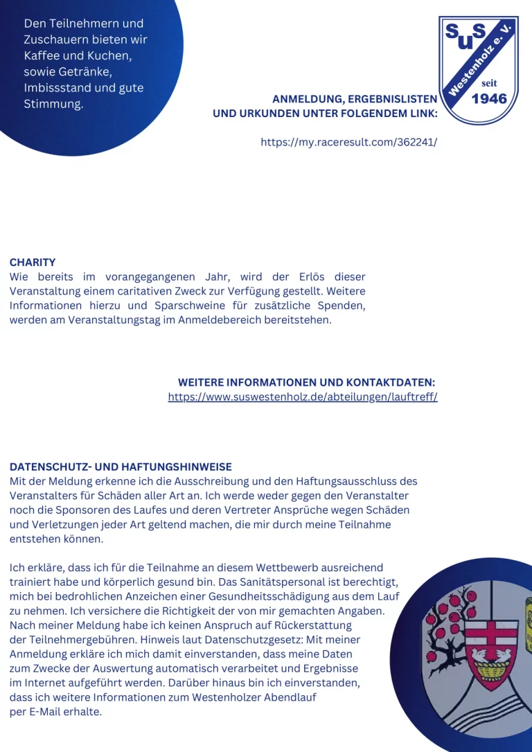 Flyer Westenholzer Abendlauf 2026, Seite 2: Anmeldung, Charity und Hinweise