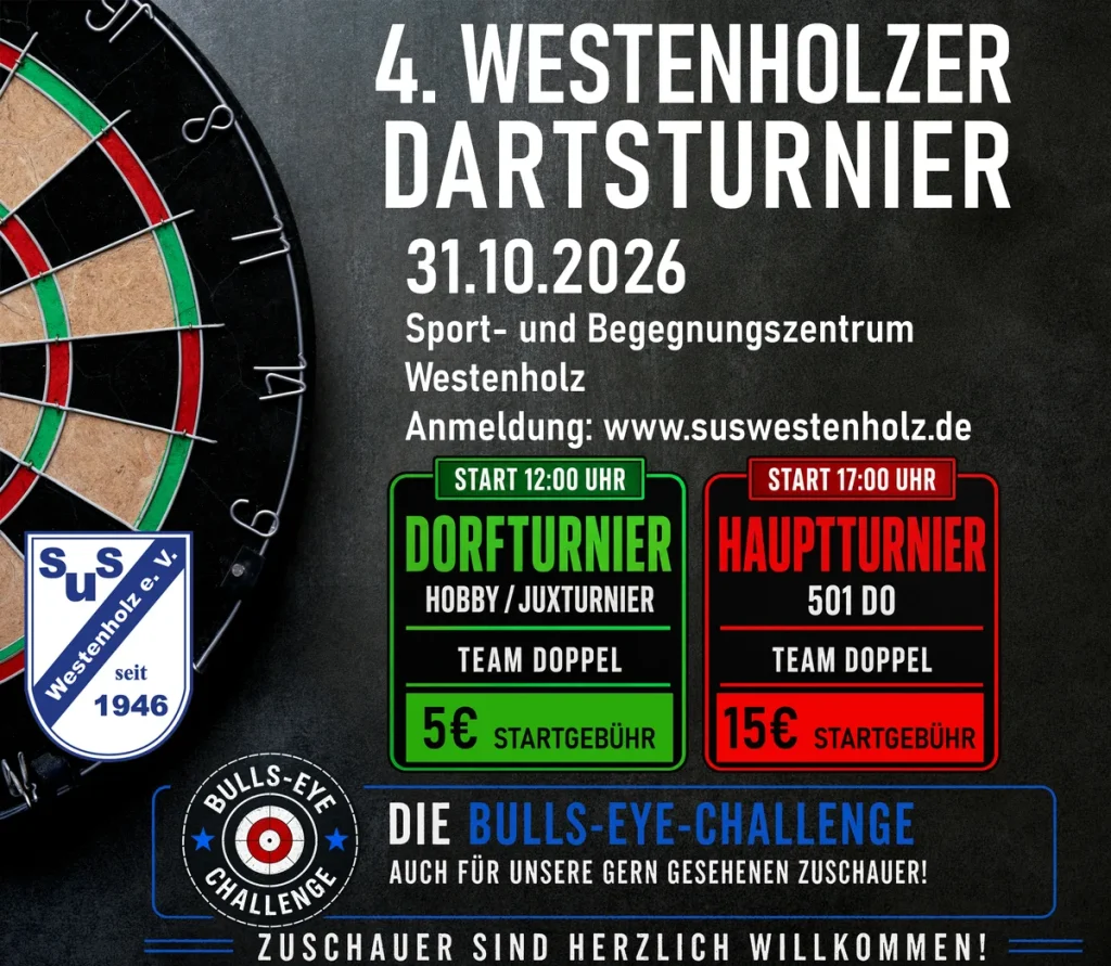 Flyer 4. Westenholzer Dartsturnier am 31. Oktober 2026 im Sport- und Begegnungszentrum Westenholz